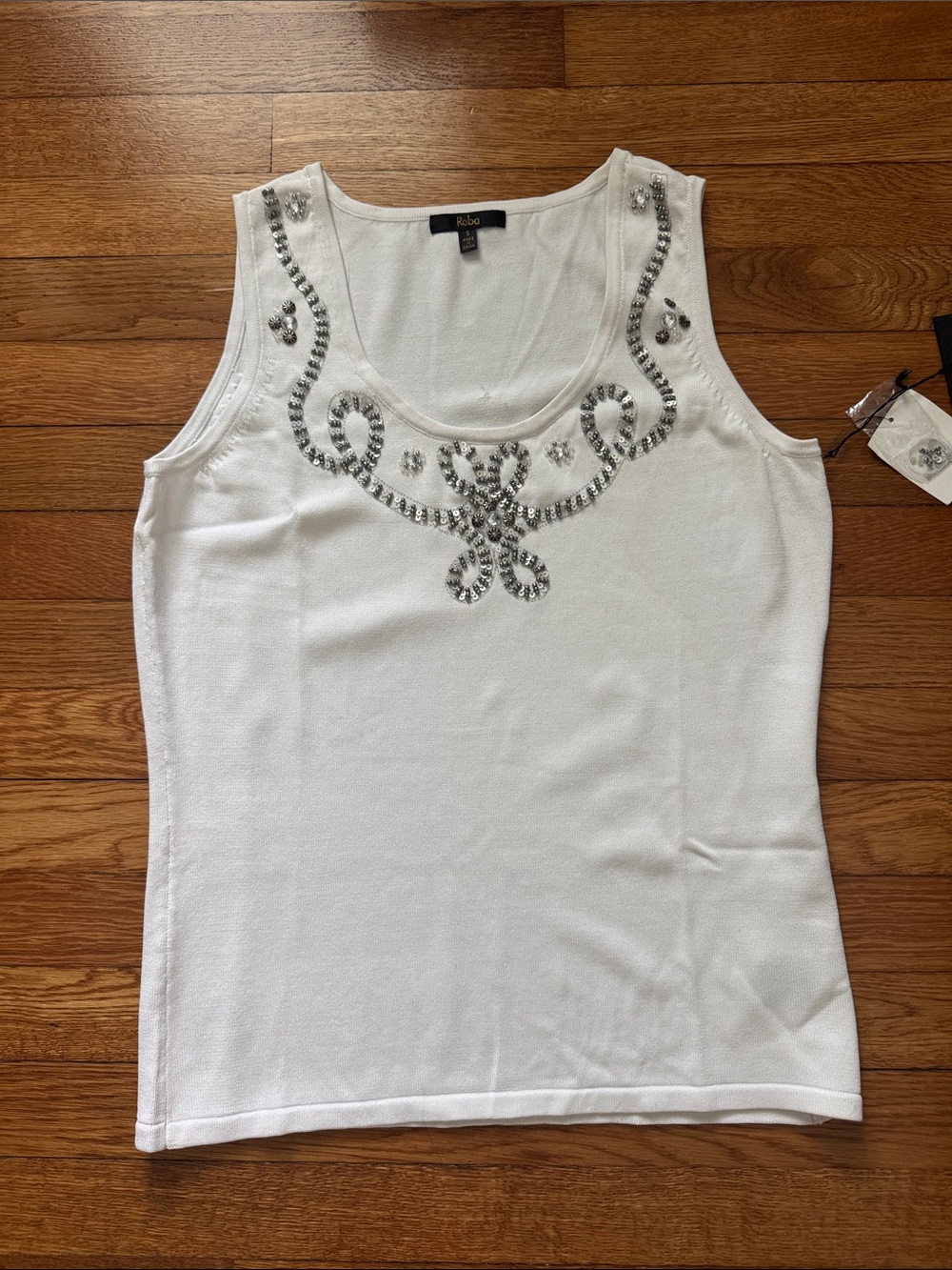 Reba Vintage White Tank Top with Silver Rhinestone Swirl Neckline
